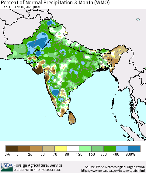 Southern Asia Percent of Normal Precipitation 3-Month (WMO) Thematic Map For 1/11/2020 - 4/10/2020