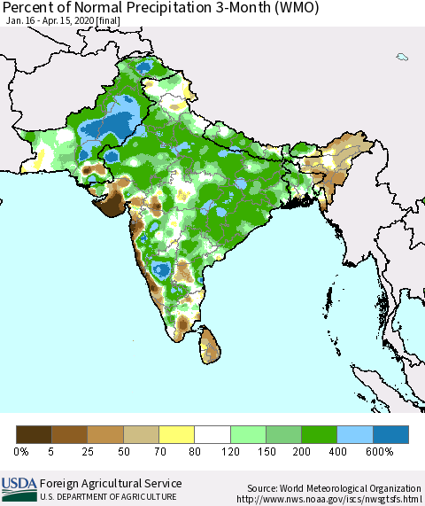 Southern Asia Percent of Normal Precipitation 3-Month (WMO) Thematic Map For 1/16/2020 - 4/15/2020