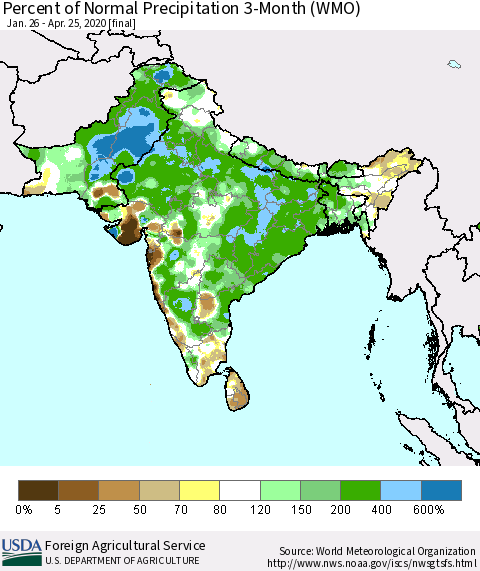 Southern Asia Percent of Normal Precipitation 3-Month (WMO) Thematic Map For 1/26/2020 - 4/25/2020
