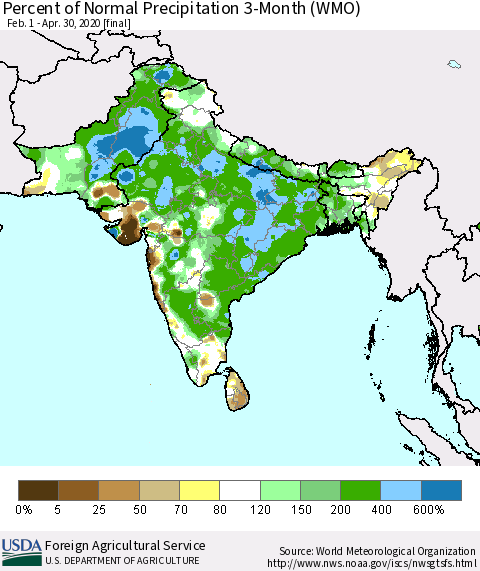 Southern Asia Percent of Normal Precipitation 3-Month (WMO) Thematic Map For 2/1/2020 - 4/30/2020