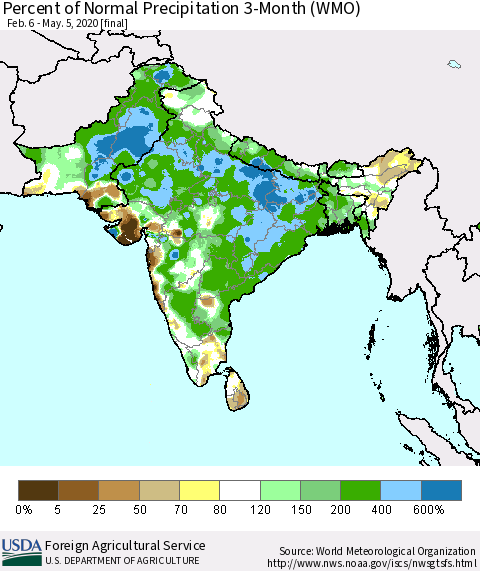 Southern Asia Percent of Normal Precipitation 3-Month (WMO) Thematic Map For 2/6/2020 - 5/5/2020