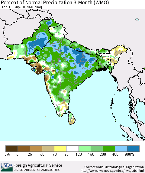 Southern Asia Percent of Normal Precipitation 3-Month (WMO) Thematic Map For 2/11/2020 - 5/10/2020