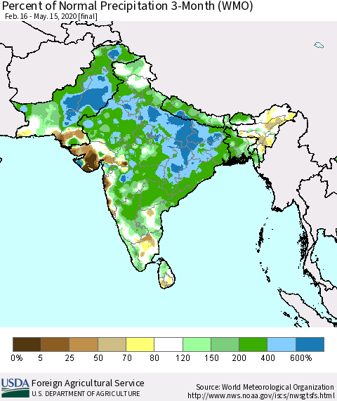 Southern Asia Percent of Normal Precipitation 3-Month (WMO) Thematic Map For 2/16/2020 - 5/15/2020