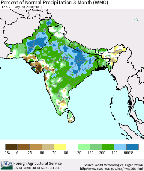 Southern Asia Percent of Normal Precipitation 3-Month (WMO) Thematic Map For 2/21/2020 - 5/20/2020