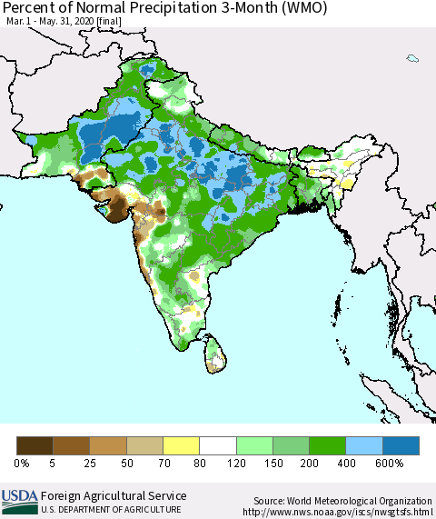 Southern Asia Percent of Normal Precipitation 3-Month (WMO) Thematic Map For 3/1/2020 - 5/31/2020