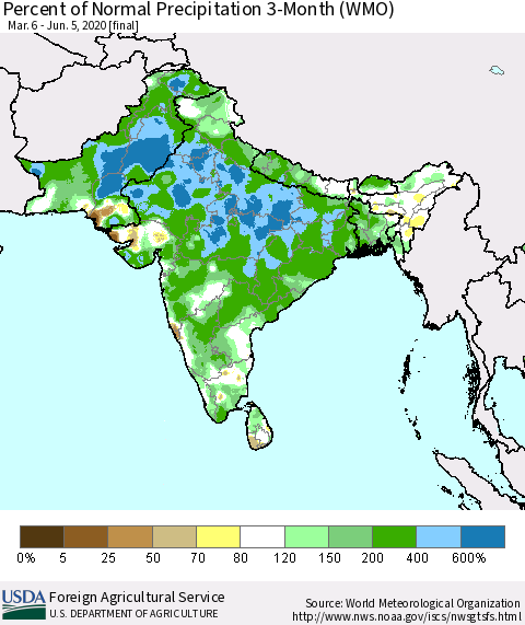 Southern Asia Percent of Normal Precipitation 3-Month (WMO) Thematic Map For 3/6/2020 - 6/5/2020