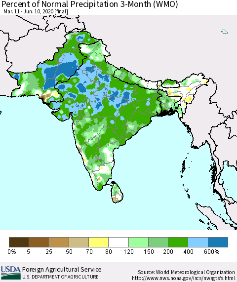 Southern Asia Percent of Normal Precipitation 3-Month (WMO) Thematic Map For 3/11/2020 - 6/10/2020
