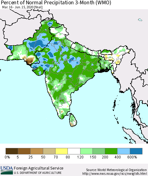 Southern Asia Percent of Normal Precipitation 3-Month (WMO) Thematic Map For 3/16/2020 - 6/15/2020