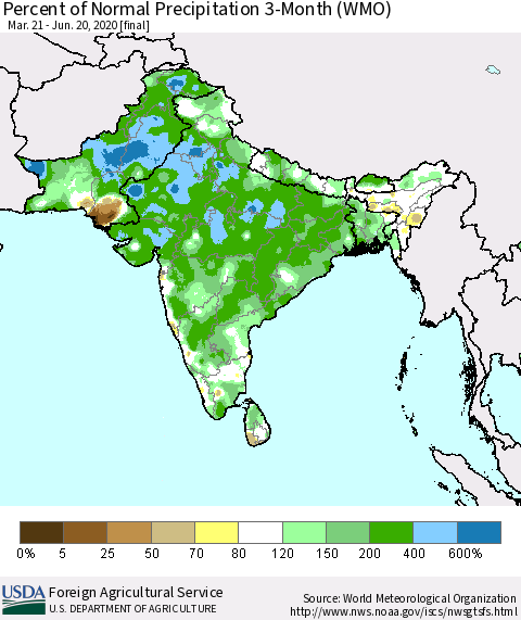 Southern Asia Percent of Normal Precipitation 3-Month (WMO) Thematic Map For 3/21/2020 - 6/20/2020