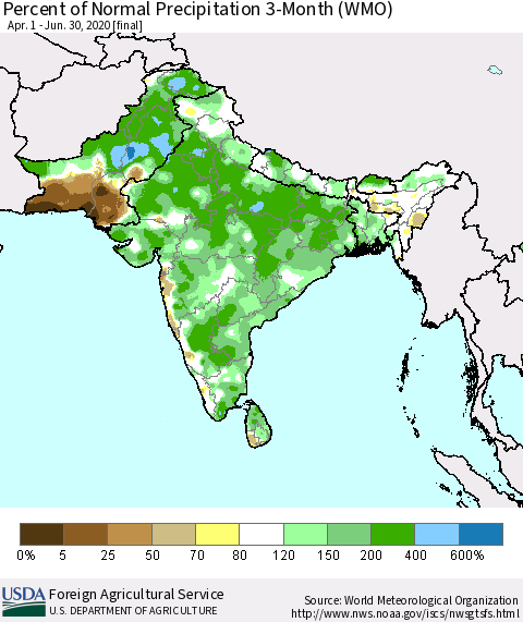 Southern Asia Percent of Normal Precipitation 3-Month (WMO) Thematic Map For 4/1/2020 - 6/30/2020