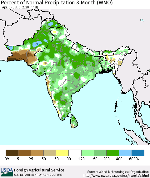 Southern Asia Percent of Normal Precipitation 3-Month (WMO) Thematic Map For 4/6/2020 - 7/5/2020