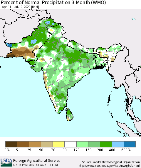 Southern Asia Percent of Normal Precipitation 3-Month (WMO) Thematic Map For 4/11/2020 - 7/10/2020