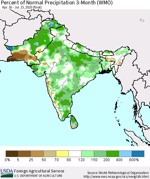 Southern Asia Percent of Normal Precipitation 3-Month (WMO) Thematic Map For 4/16/2020 - 7/15/2020