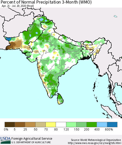 Southern Asia Percent of Normal Precipitation 3-Month (WMO) Thematic Map For 4/21/2020 - 7/20/2020