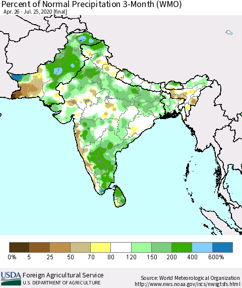 Southern Asia Percent of Normal Precipitation 3-Month (WMO) Thematic Map For 4/26/2020 - 7/25/2020