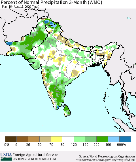 Southern Asia Percent of Normal Precipitation 3-Month (WMO) Thematic Map For 5/16/2020 - 8/15/2020