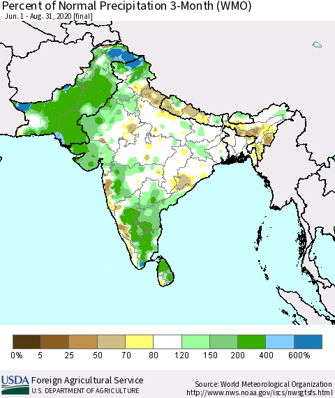 Southern Asia Percent of Normal Precipitation 3-Month (WMO) Thematic Map For 6/1/2020 - 8/31/2020