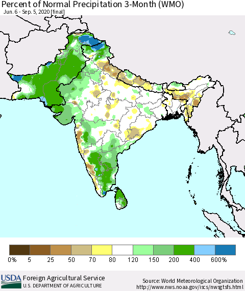Southern Asia Percent of Normal Precipitation 3-Month (WMO) Thematic Map For 6/6/2020 - 9/5/2020