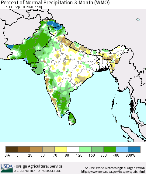 Southern Asia Percent of Normal Precipitation 3-Month (WMO) Thematic Map For 6/11/2020 - 9/10/2020