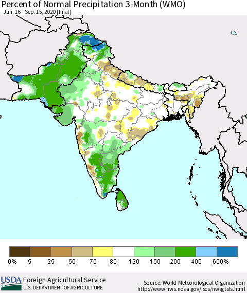 Southern Asia Percent of Normal Precipitation 3-Month (WMO) Thematic Map For 6/16/2020 - 9/15/2020
