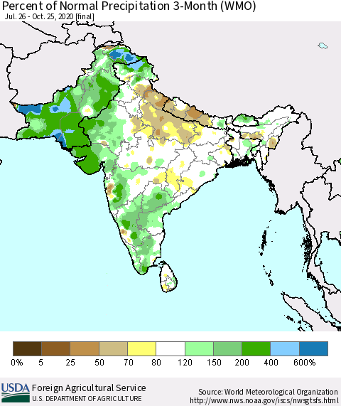Southern Asia Percent of Normal Precipitation 3-Month (WMO) Thematic Map For 7/26/2020 - 10/25/2020