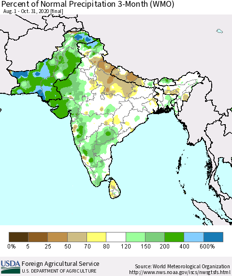 Southern Asia Percent of Normal Precipitation 3-Month (WMO) Thematic Map For 8/1/2020 - 10/31/2020