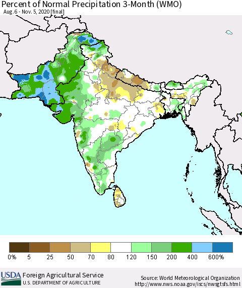 Southern Asia Percent of Normal Precipitation 3-Month (WMO) Thematic Map For 8/6/2020 - 11/5/2020
