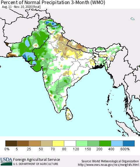 Southern Asia Percent of Normal Precipitation 3-Month (WMO) Thematic Map For 8/11/2020 - 11/10/2020