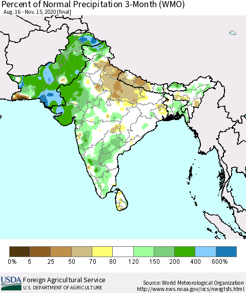 Southern Asia Percent of Normal Precipitation 3-Month (WMO) Thematic Map For 8/16/2020 - 11/15/2020