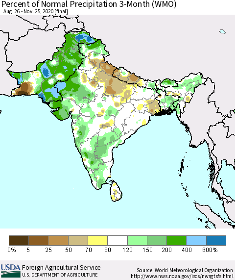 Southern Asia Percent of Normal Precipitation 3-Month (WMO) Thematic Map For 8/26/2020 - 11/25/2020