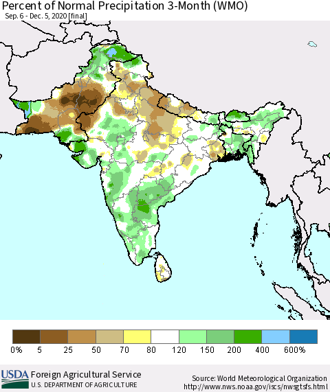 Southern Asia Percent of Normal Precipitation 3-Month (WMO) Thematic Map For 9/6/2020 - 12/5/2020