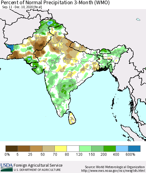 Southern Asia Percent of Normal Precipitation 3-Month (WMO) Thematic Map For 9/11/2020 - 12/10/2020