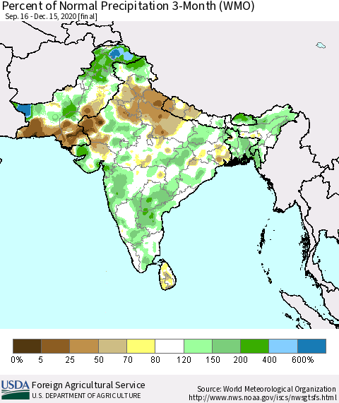 Southern Asia Percent of Normal Precipitation 3-Month (WMO) Thematic Map For 9/16/2020 - 12/15/2020