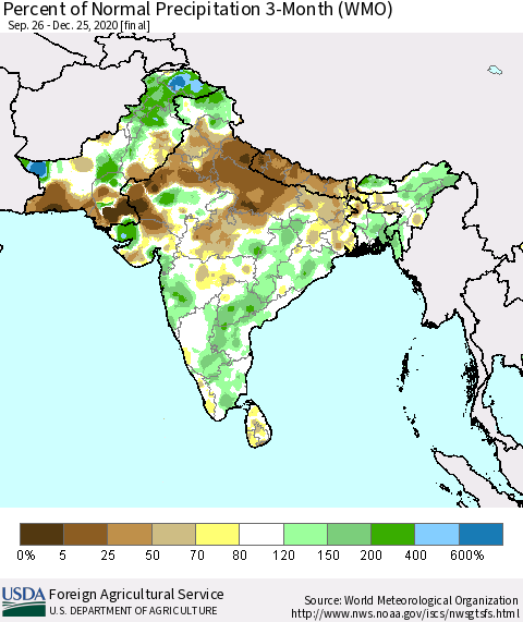 Southern Asia Percent of Normal Precipitation 3-Month (WMO) Thematic Map For 9/26/2020 - 12/25/2020