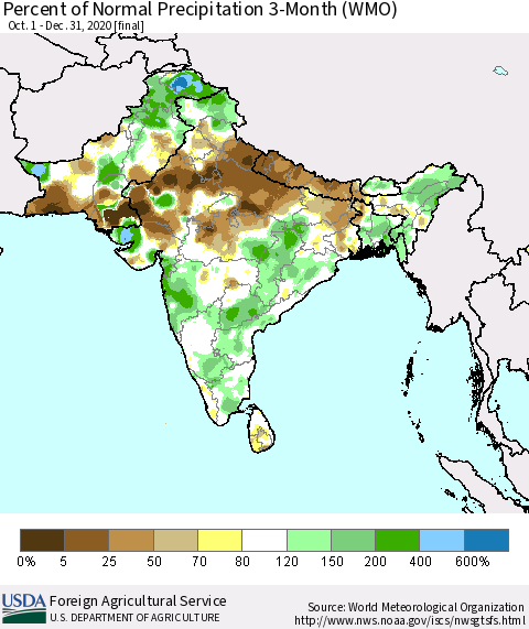 Southern Asia Percent of Normal Precipitation 3-Month (WMO) Thematic Map For 10/1/2020 - 12/31/2020