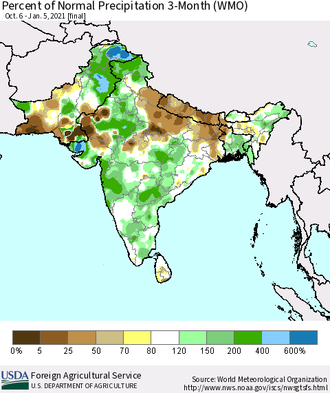 Southern Asia Percent of Normal Precipitation 3-Month (WMO) Thematic Map For 10/6/2020 - 1/5/2021