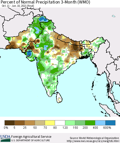 Southern Asia Percent of Normal Precipitation 3-Month (WMO) Thematic Map For 10/11/2020 - 1/10/2021