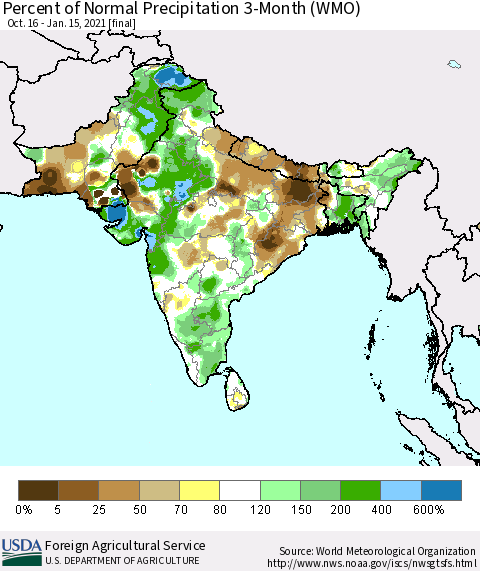 Southern Asia Percent of Normal Precipitation 3-Month (WMO) Thematic Map For 10/16/2020 - 1/15/2021