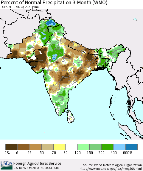 Southern Asia Percent of Normal Precipitation 3-Month (WMO) Thematic Map For 10/21/2020 - 1/20/2021