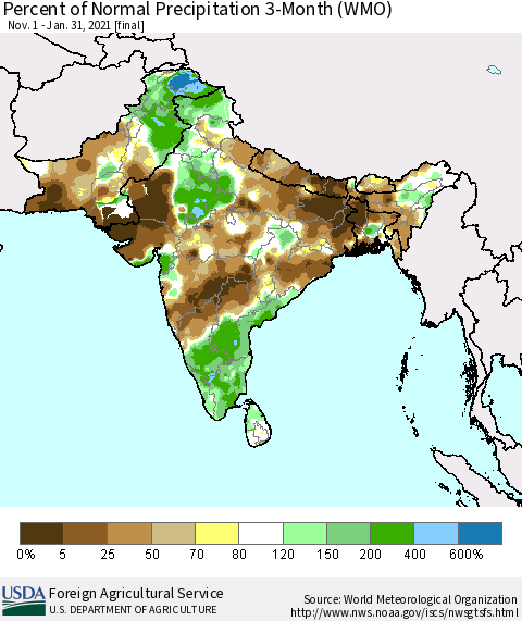 Southern Asia Percent of Normal Precipitation 3-Month (WMO) Thematic Map For 11/1/2020 - 1/31/2021