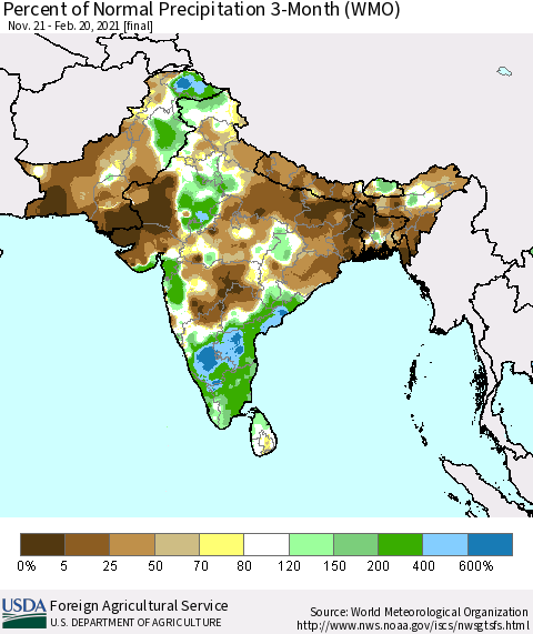 Southern Asia Percent of Normal Precipitation 3-Month (WMO) Thematic Map For 11/21/2020 - 2/20/2021