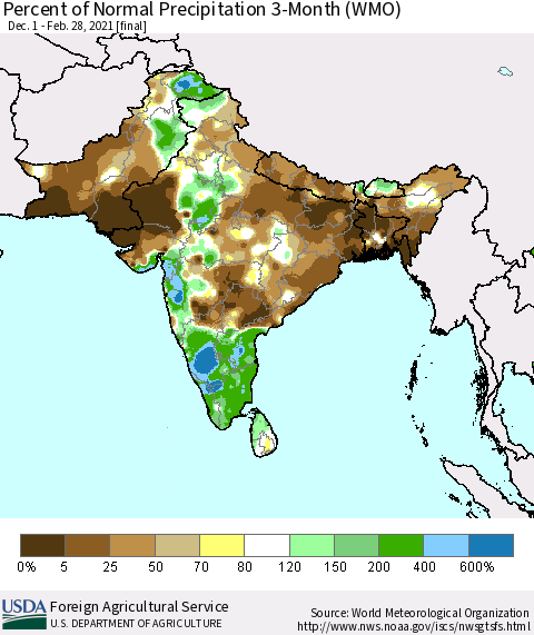 Southern Asia Percent of Normal Precipitation 3-Month (WMO) Thematic Map For 12/1/2020 - 2/28/2021