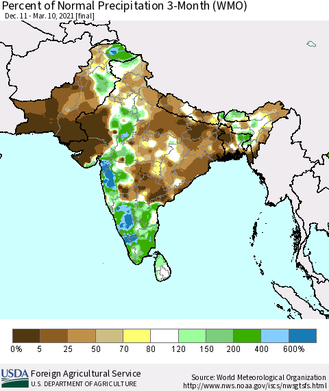 Southern Asia Percent of Normal Precipitation 3-Month (WMO) Thematic Map For 12/11/2020 - 3/10/2021