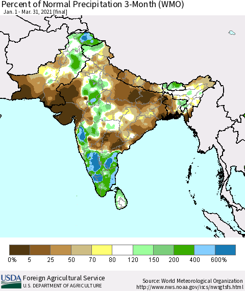 Southern Asia Percent of Normal Precipitation 3-Month (WMO) Thematic Map For 1/1/2021 - 3/31/2021