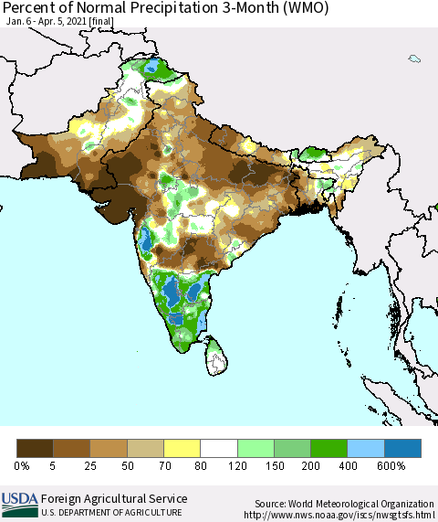 Southern Asia Percent of Normal Precipitation 3-Month (WMO) Thematic Map For 1/6/2021 - 4/5/2021