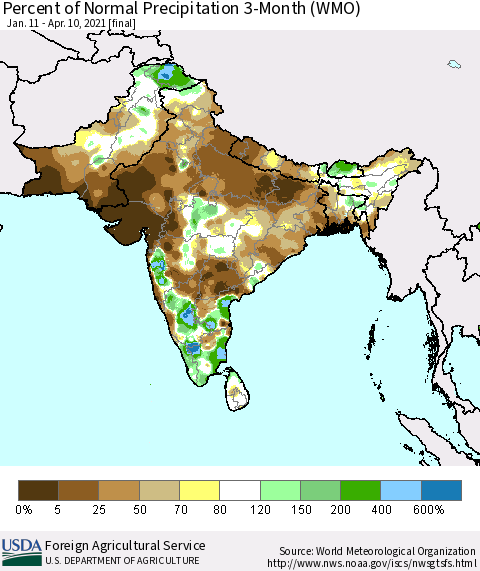 Southern Asia Percent of Normal Precipitation 3-Month (WMO) Thematic Map For 1/11/2021 - 4/10/2021