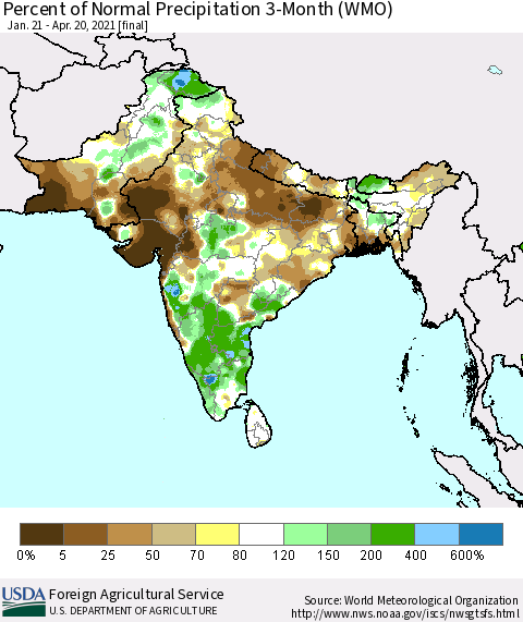 Southern Asia Percent of Normal Precipitation 3-Month (WMO) Thematic Map For 1/21/2021 - 4/20/2021