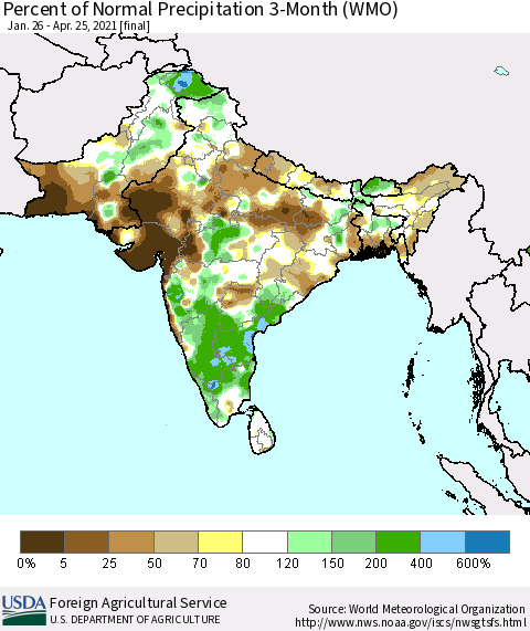 Southern Asia Percent of Normal Precipitation 3-Month (WMO) Thematic Map For 1/26/2021 - 4/25/2021
