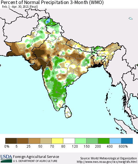 Southern Asia Percent of Normal Precipitation 3-Month (WMO) Thematic Map For 2/1/2021 - 4/30/2021