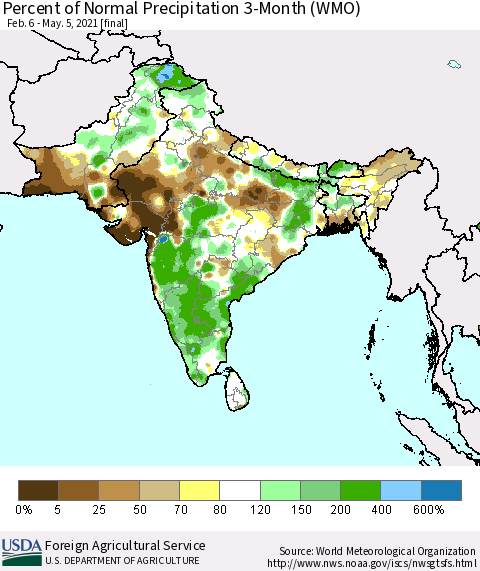 Southern Asia Percent of Normal Precipitation 3-Month (WMO) Thematic Map For 2/6/2021 - 5/5/2021